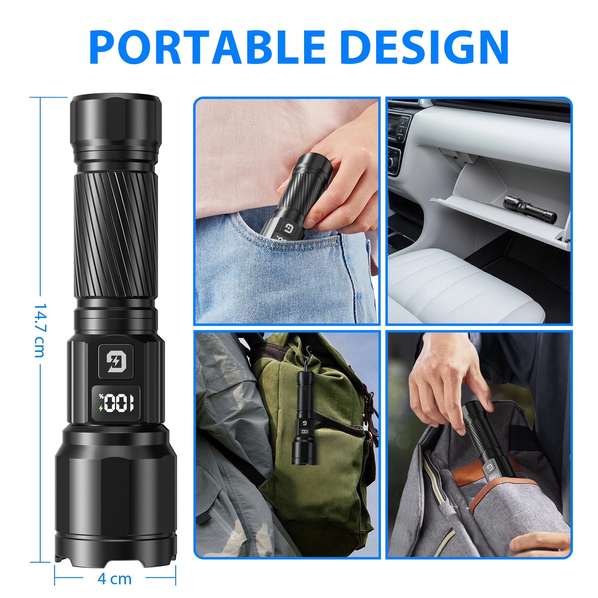 GEARLITE Taschenlampen LED Aufladbar, 6000LM LED Taschenlampe Extrem Hell mit 3 Modi, IP65 Wasserdichte Handlampe Zoomable für Camping, Wandern, Outdoor 2 Stücke 3