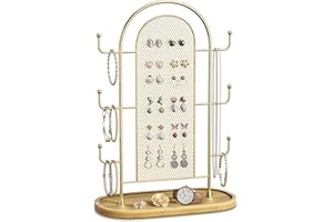 bussdis Jewelry Display Earring Stand Gold Organizer Earring StorageTree Jewelry Rack Towers with 6 Hooks 300 Stud Holes Wood Tray for Necklaces Bracelets Ring