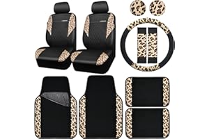 CAR PASS Leopard Print Faux Leather Car Seat Covers & Leopard Car Mats&Leopard Steering Wheel Cover Seat Belt Pad Universal Car Accessories for SUV,Van,Saden,Truck Automobile Interior Sets