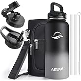 AEXPF 32 oz Sports Water Bottle, Stainless Steel Vacuum Insulated Water Flask Bottle with Straw Lids, Reusable Leakproof Metal Thermos, Water Bottle with Carrying Pouch for Gym Cycling, Black and Gray