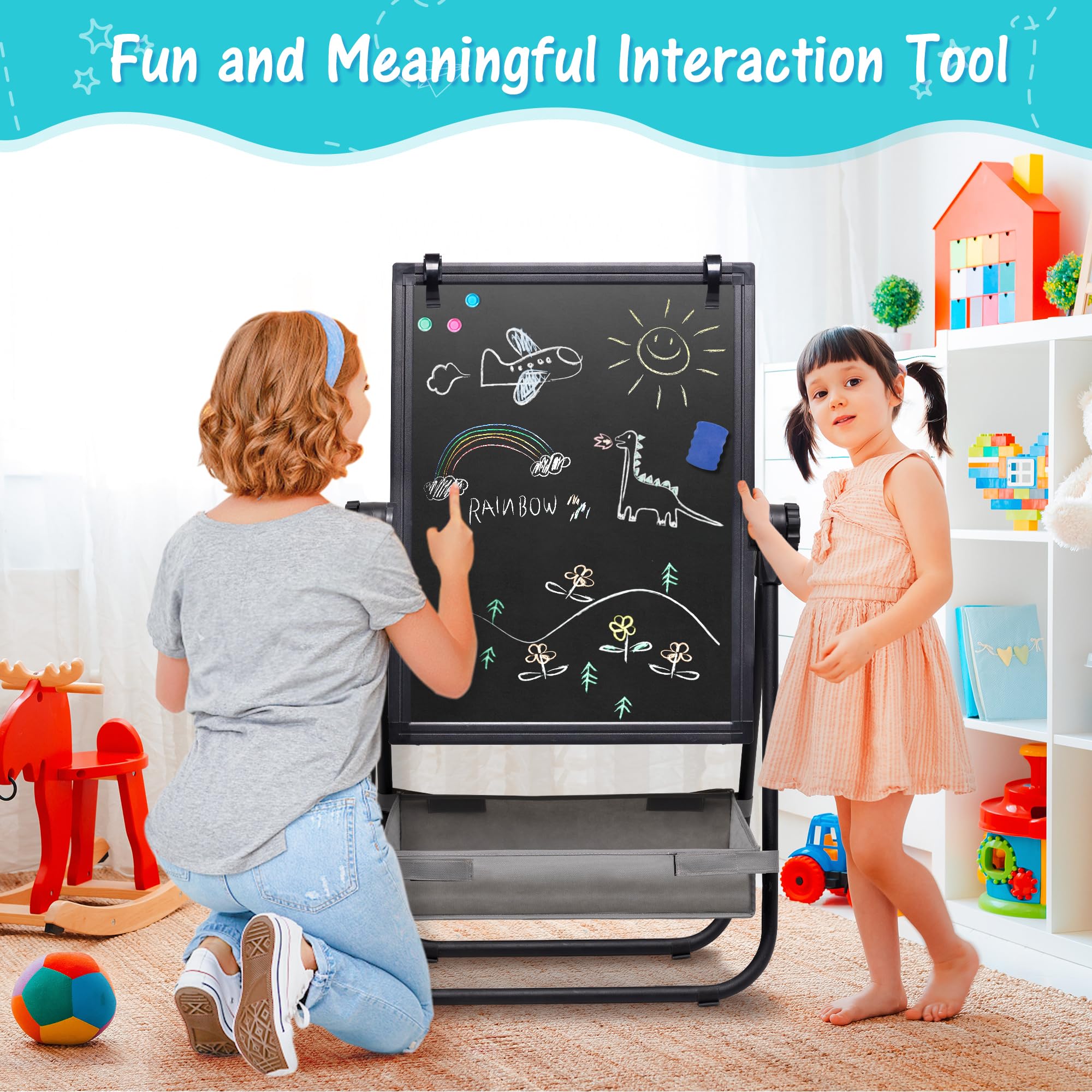 WEYOUNG Kids Easel for Toddlers, Adjustable Standingg Metal Toddler Whiteboard & Chalkboard, Magnetic Art Easel for Kids Age 2-4 4-8 9-12, Black
