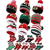 Suhine 18 Pcs Christmas Knitted Hat and Socks Set 9 pcs Christmas Beanies Hat with Pompom 9 Pair Xmas Socks for Men Women