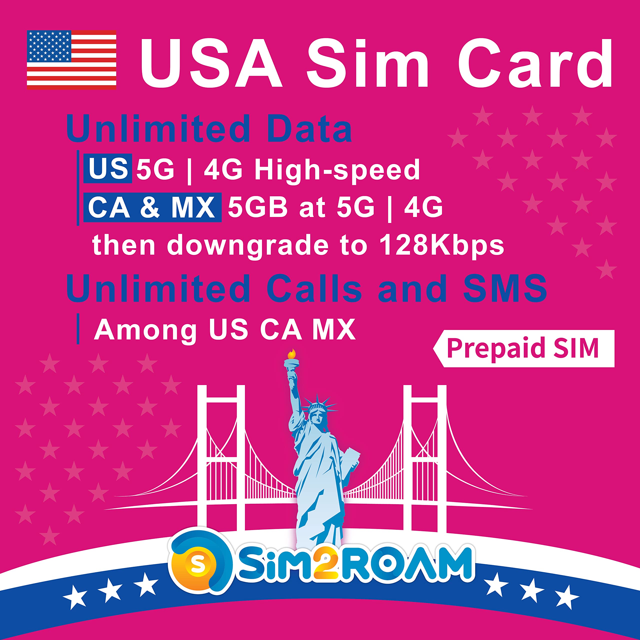 USA CANADA MEXICO Prepaid SIM Card(Use T-Mobile network)|Unlimited 5G/4G Internet Data in USA (Hawaii included)+5GB Data in CA and MX|Unlimited Calls and Texts among US, CA and MX|Refillable (9 Days)
