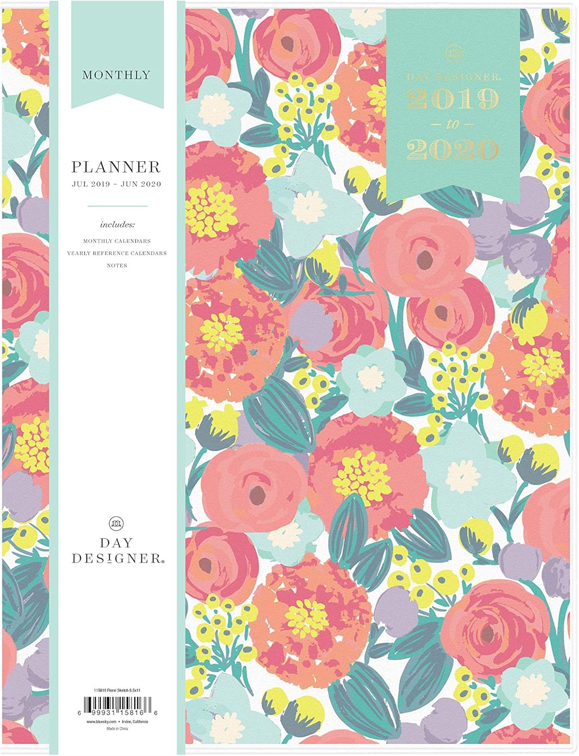 Day Designer for Blue Sky 2020-2021 Academic Year Monthly Planner, Flexible Cover, Stapled Binding, 8.5" x 11", Floral Sketch (120954) : Office Products