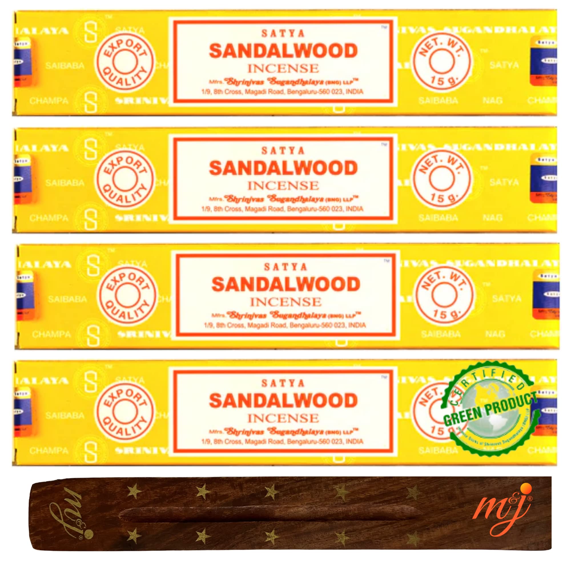 Original Satya Nag Champa Sandalwood Incense Sticks | with M&J incense sticks holder | x4 pack | for Aromatherapy, Spa, Yoga, Weddings, Meditation, Healing, Positivity and Relaxation — image 1