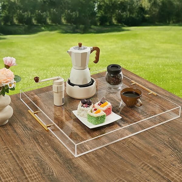 EXTRA LARGE CLEAR ACRYLIC SERVING TRAY (21×21 INCHES) WITH GOLD HANDLES SPILL PROOF ACRYLIC OVER SIZE BIG DECORATIVE TRAY ORGANISER FOR OTTOMAN COFFEE TABLE COUNTERTOP