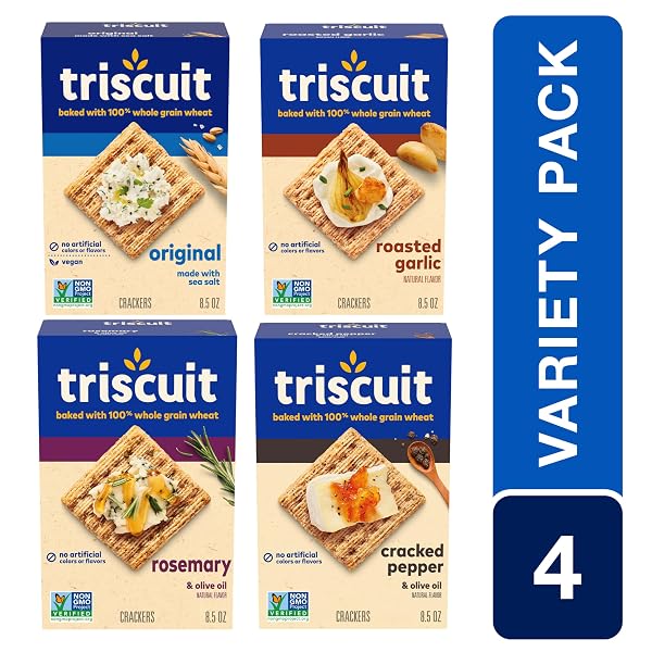 TRISCUIT WHOLE GRAIN WHEAT CRACKERS 4 FLAVOR VARIETY PACK, LUNCH SNACKS, BULK SNACK CRACKERS, 4 BOXES