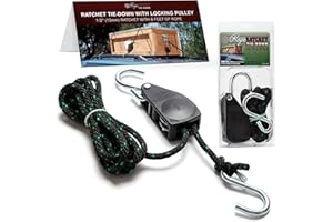 Rope Ratchet 1/2" with Locking Pulley, Adjustable Hanger for Grow Lights, Canopies, Kayaks, Tents, Camping, 8' Braided Polypropylene Rope, 500 lb Capacity, Ideal for Roof Rack, Tarp, Canoe Tie Downs