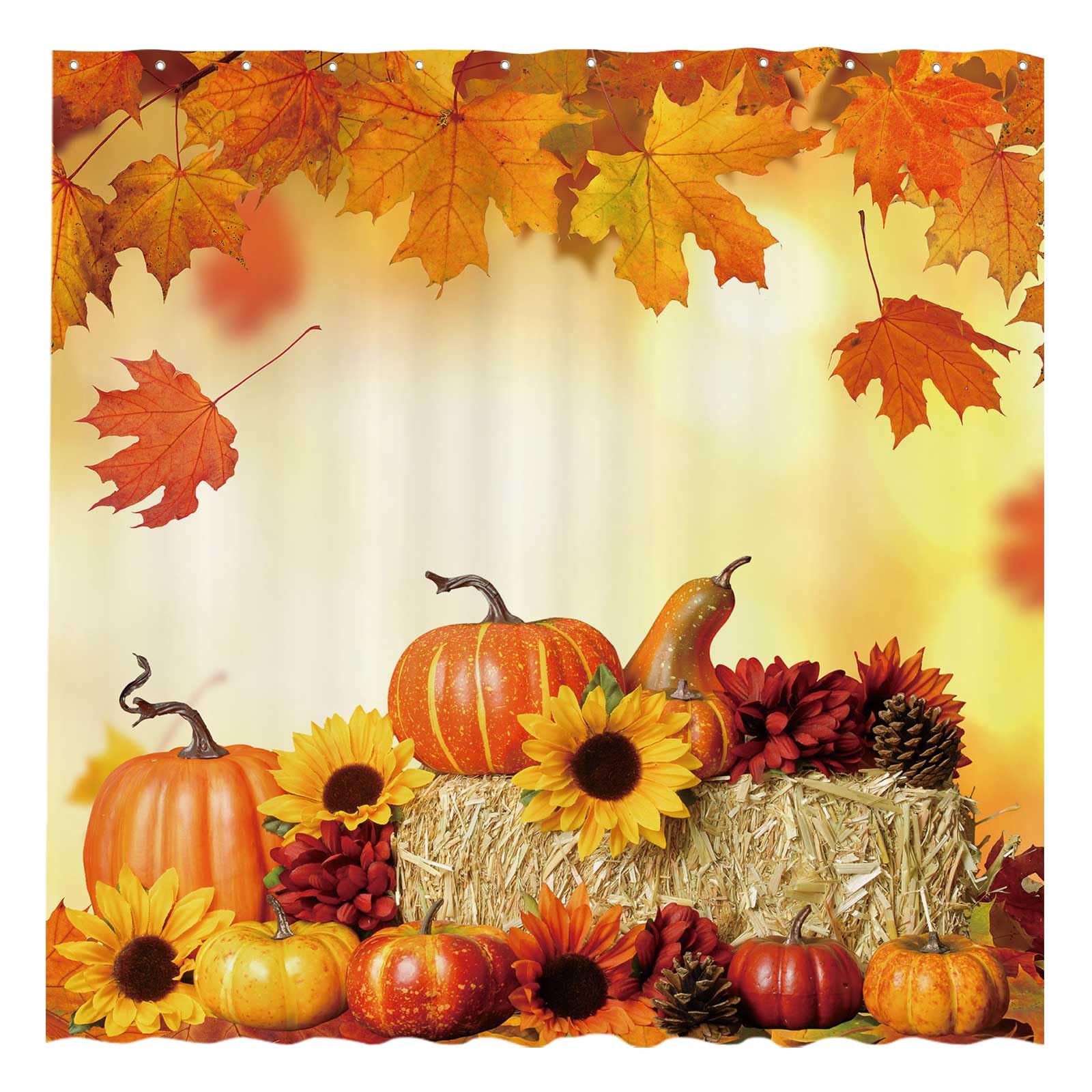 Funnytree Fall Pumpkins Maple Shower Curtain Set with 12 Hooks Autumn Thanksgiving Sunflowers Harvest Falling Leaves Decor Easy Care Washable Durable Polyester Fabric 72"x72"