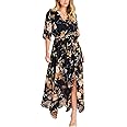 ANRABESS Women’s Summer Loose Boho Flowy Wrap V Neck 3/4 Sleeve Floral Print Slit Beach Wedding Guest Long Maxi Dresses