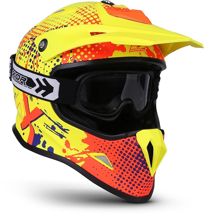 Soxon® SKC-33 Set „Fusion Neon“ · Kinder-Cross-Helm · Motorrad-Helm MX Cross-Helm MTB BMX Sport · ECE Schnellverschluss SlimS