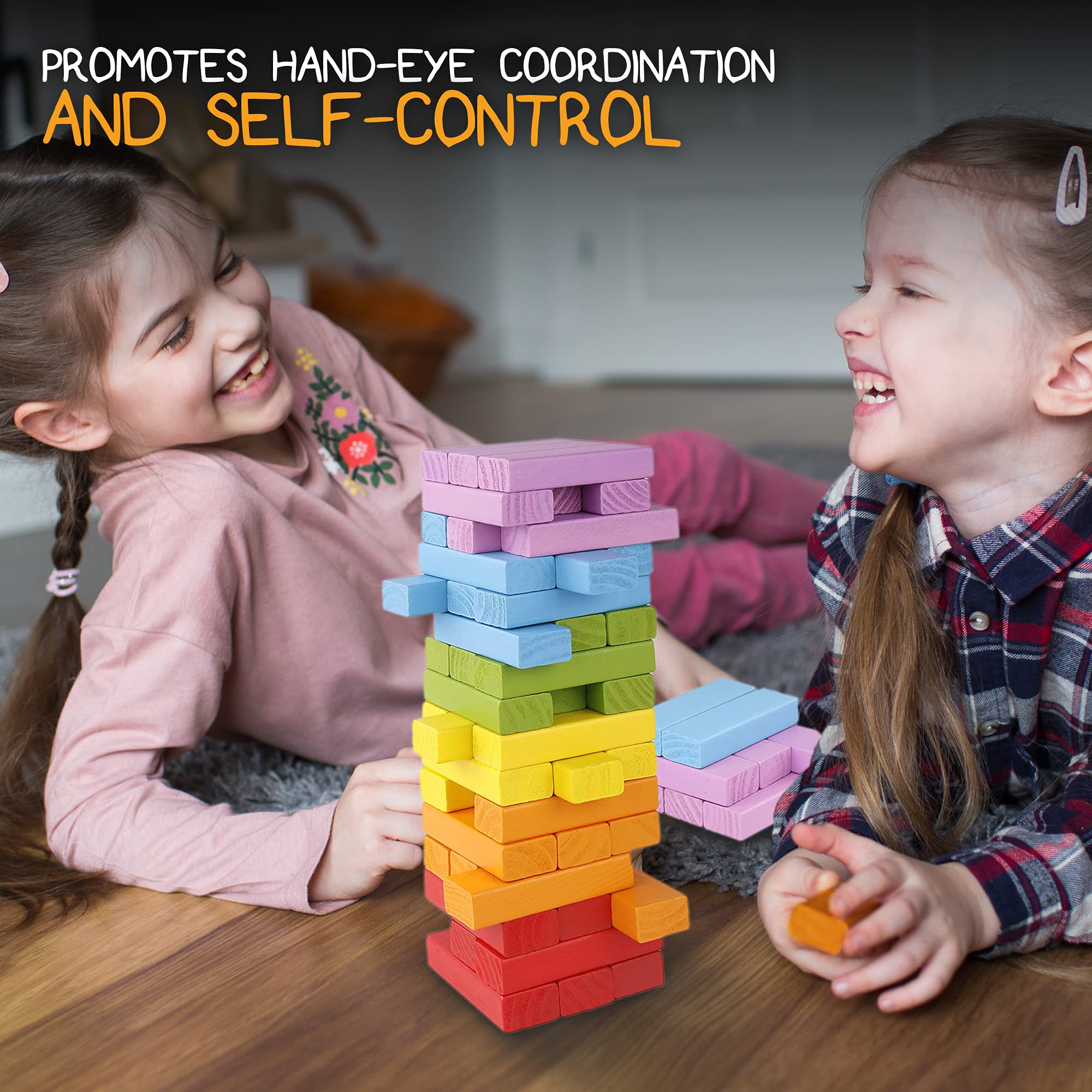 Pidoko Kids Wooden Stacking Building Blocks (49 Pcs) - Colorful Tumbling Blocks Board Games for Family Game Night - Montessori Toys Gifts, Includes Storage Bag