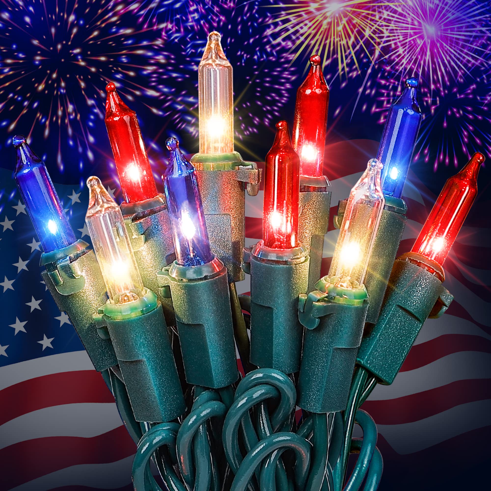 Photo 1 of Hopolon Red White and Blue Mini Lights,2PACK 50Count 4th of July Patriotic String Lights Green Wire,13FT Incandescent Independence Day Light for Indoor Outdoor Christmas Party Decor,Red White Blue