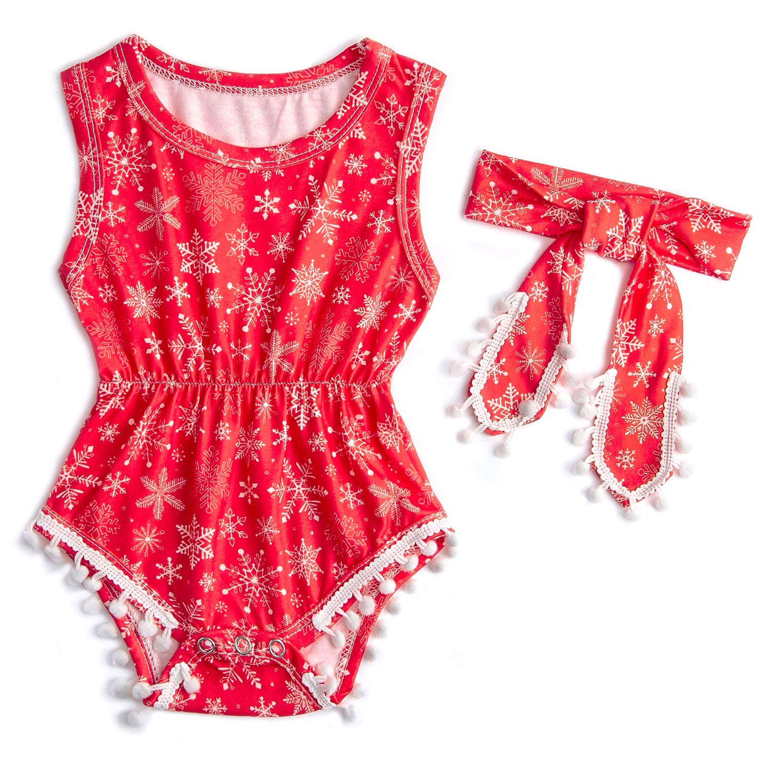 RAISEVERN Red Harem Jumpsuit for Kids Girls Snap Button Playsuit Spring Sleeveless Snowflake Printed for 12-18 Months Baby Onesies Set