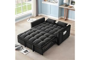 LINKHOO 3-in-1 Convertible Sofa Bed, Pull-Out Sleeper Bed with Adjustable Backrest & Two Arm Storage Pocket, Velvet Futon Couches, Loveseat, Black