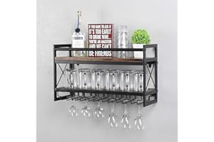 Industrial Stemware Rack Wall Mounted,Wine Rack with Wood Shelves,2 Tier Stemware Storage with 6 Stem Glass Holder for Wine G