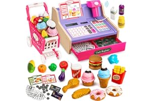 VROGTIK Wooden Cash Register for Kids with Shopping Cart Rechargeable Kid Cash Register with Scanner Gift for Kids Age 3 4 5 6 7 8 9 Year Old Pretend Play for Toddlers Toys for 3-12 Year Old Girls