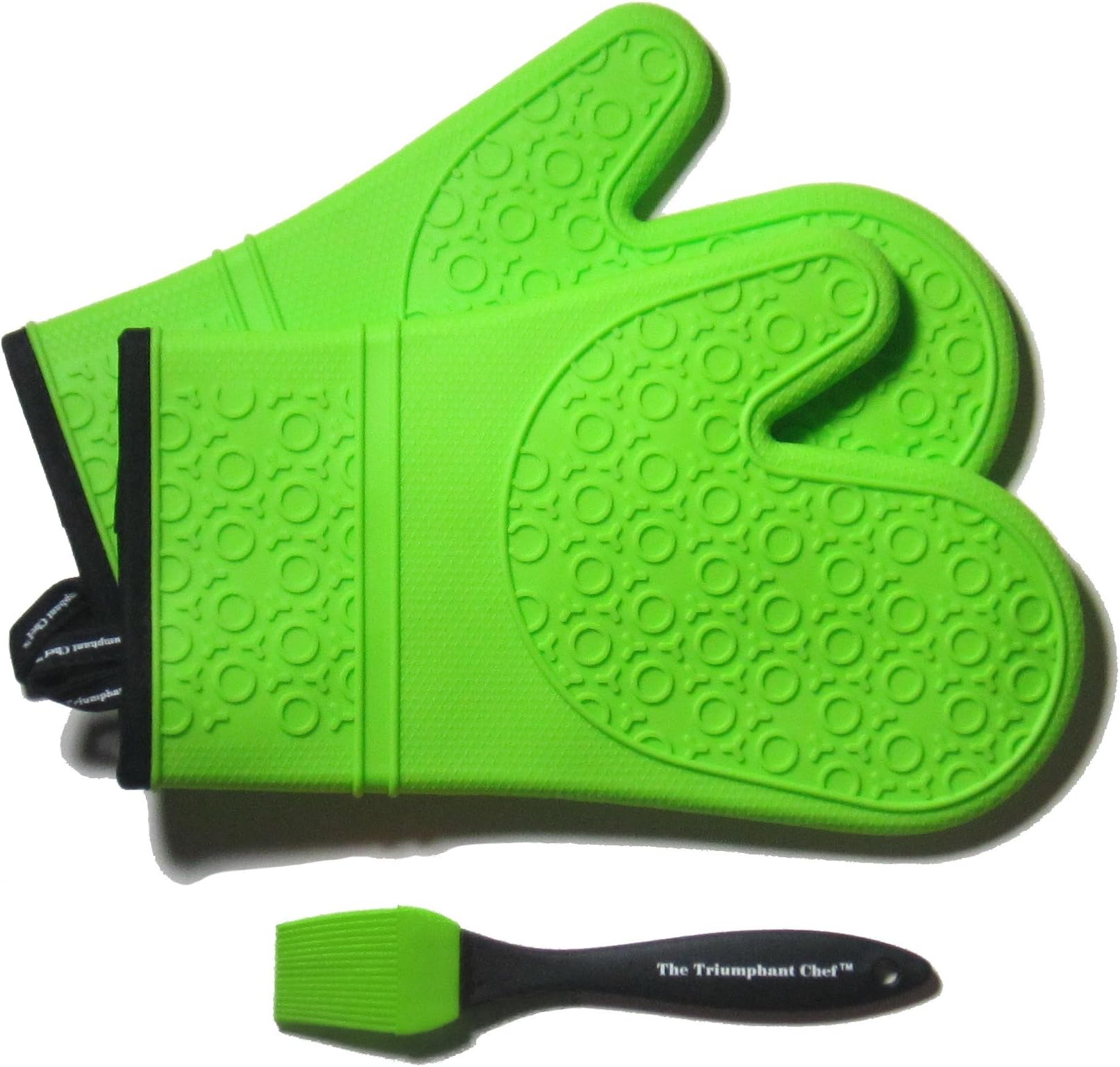 The Triumphant Chef Super Flex Silicone Oven Glove, Deluxe Quilted Liner, 1 Pair, Lime Green, Bonus Sauce Brush
