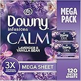 Downy Infusions Mega Dryer Sheets, Laundry Fabric Softener, CALM, Lavender and Vanilla Bean, 120 Count