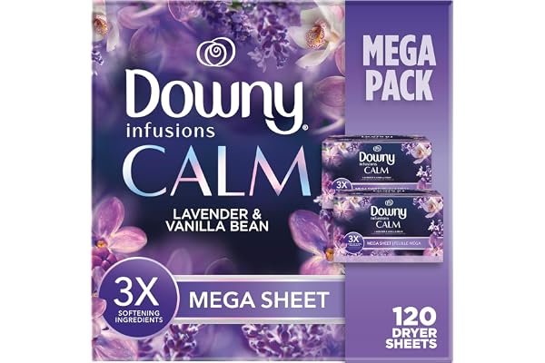 Downy Infusions Mega Dryer Sheets, Laundry Fabric Softener, CALM, Lavender and Vanilla Bean, 120 Count