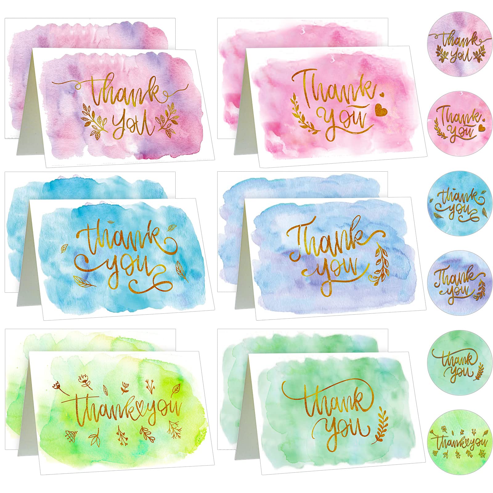 Photo 1 of 24 Pack Watercolor Thank You Cards with 24 Envelopes 24 Stickers 6 Designs Gold Letter Greeting Note Cards Thank You Notes Round Envelope Seal Stickers for Wedding Graduation(Cute Style)