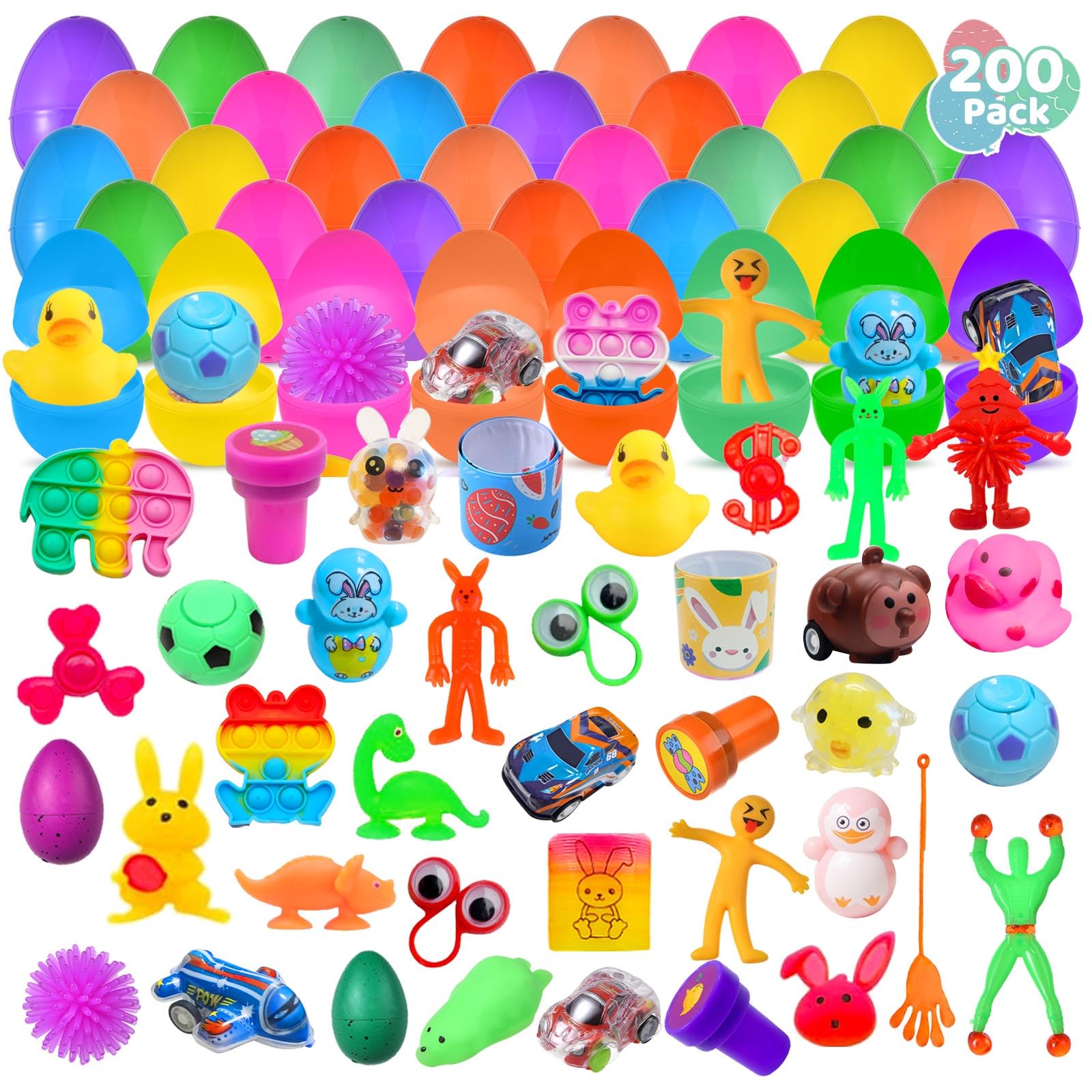 Cherislpy 200 Pack Prefilled Easter Eggs with Mini Novelty Squishy Fidget Toys Inside Assorted Toys Great for Kids Girls Boys Easter Party Favors Basket Stuffers Eggs Fillers