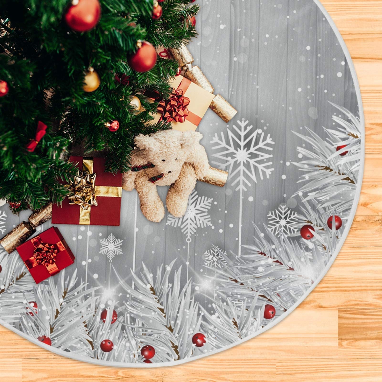 ALAZA Silver Christmas Tree Skirts Tree Snowflake Large Wicker Xmas Tree Skirt Christmas Tree Mat For New Years Decorations Holiday Home Decor