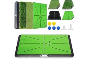 MONOJOY Golf Hitting Mats with Golf Tees Practice Indoor 3 Pcs Replaceable Outdoor Golf Putting Chipping Artificial Dual Turf Training Mats Velvet Practice with No-Slip Heavy Duty Rubber Base