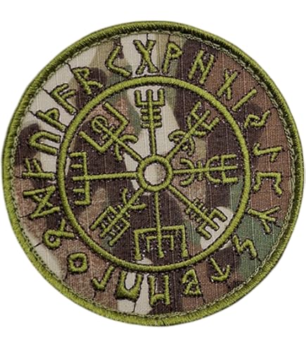 Patch Tactique Brodé Vegvisir Viking OD Green – Compass Rune Nordique | Morale Patch 8,5 Cm Velcro Hook