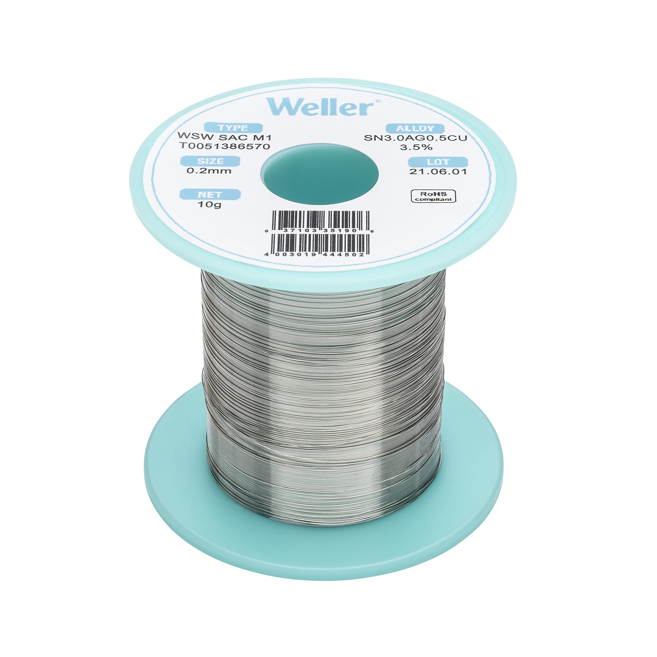Weller WSW SAC M1 (T0051386570) Lead Free Solder Wire, Ø 0.2mm, Alloy Sn96.5Ag3.0Cu0.5, Flux Content 3.5% 10g, Silver