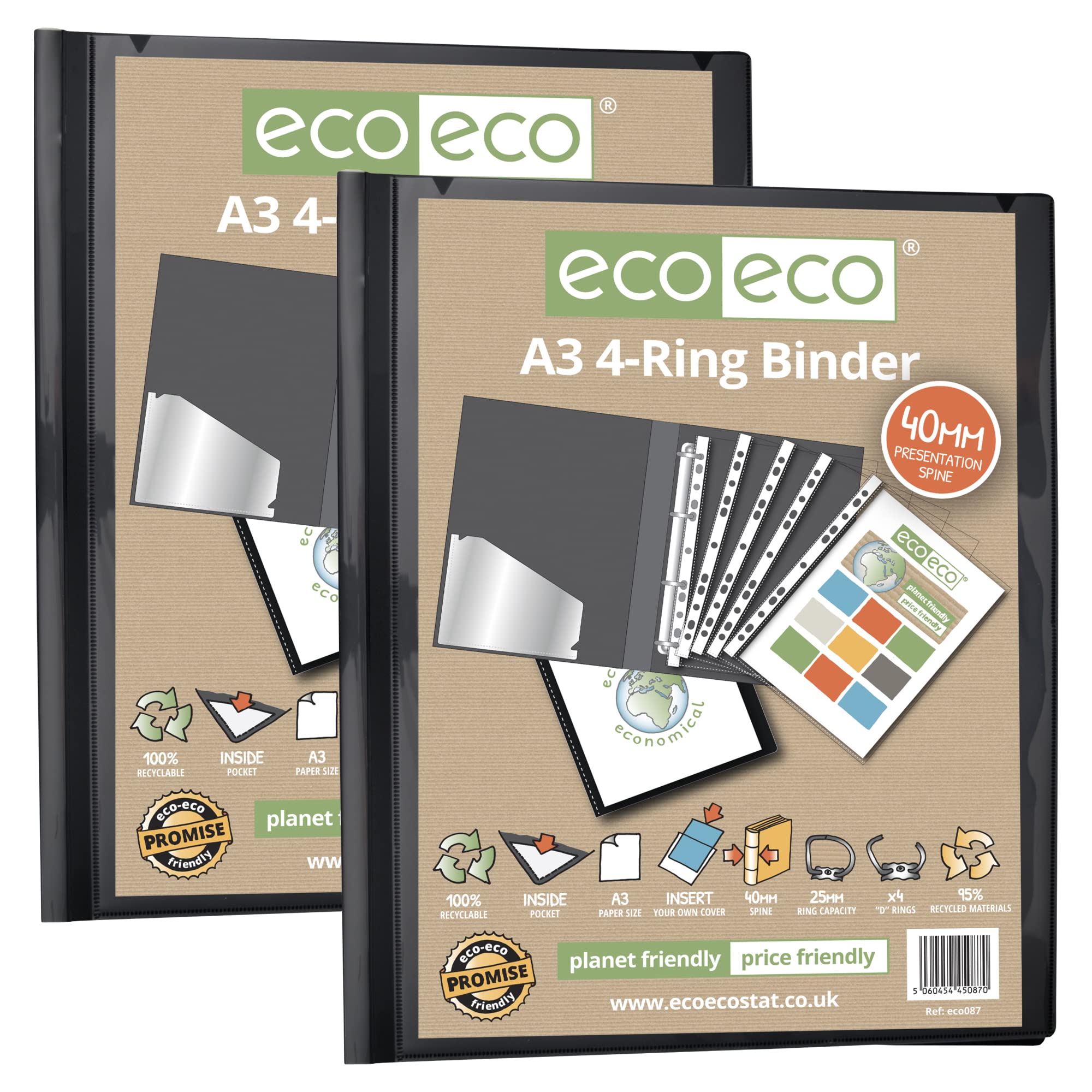 eco-eco A3 95% Recycled 4-D Portrait Ring Binder File Folder Black, Artwork Portfolio, Pack of 2 Folders, eco087x2