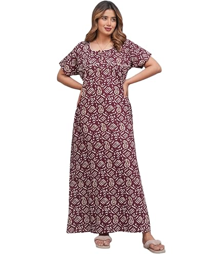 Vetali Export indian nighty for women, maxi nightgowns for women soft cotton long gown, Sleepwear soft comfort nightwear With Side Pocket. (Orange, XL) at Amazon Women's Clothing store