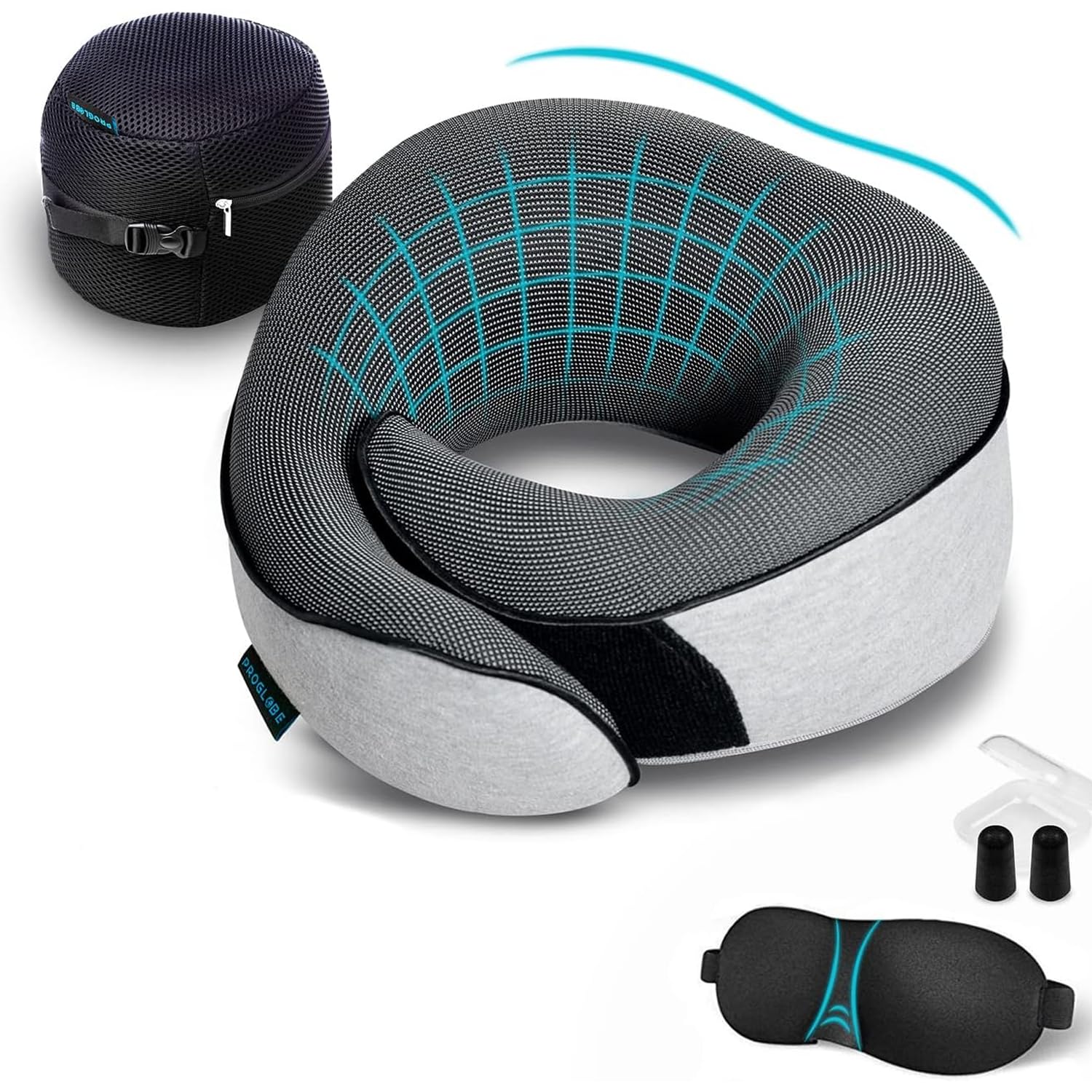 Proglobe Travel Pillow, Memory Foam Neck Pillow Set, Orthopedic Pillow, Travel Essentials for Flying, Kit with 3D Contoured Sleep Mask, Earplugs and Luxury Mesh Bag (Grey)