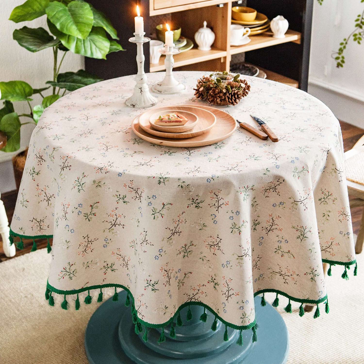 DINGC Round Tablecloth - Floral Print Cotton Linen, Washable Tassel Decor, Wipe Clean for Dining, Living, Picnic - 150cm/59in (Beige, Green Tassel)