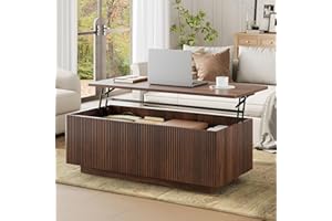 FABATO Mid Century Modern Coffee Table, Wooden Fluted Center Table with Large Hidden Compartment, 41.7” Rectangle with Round 