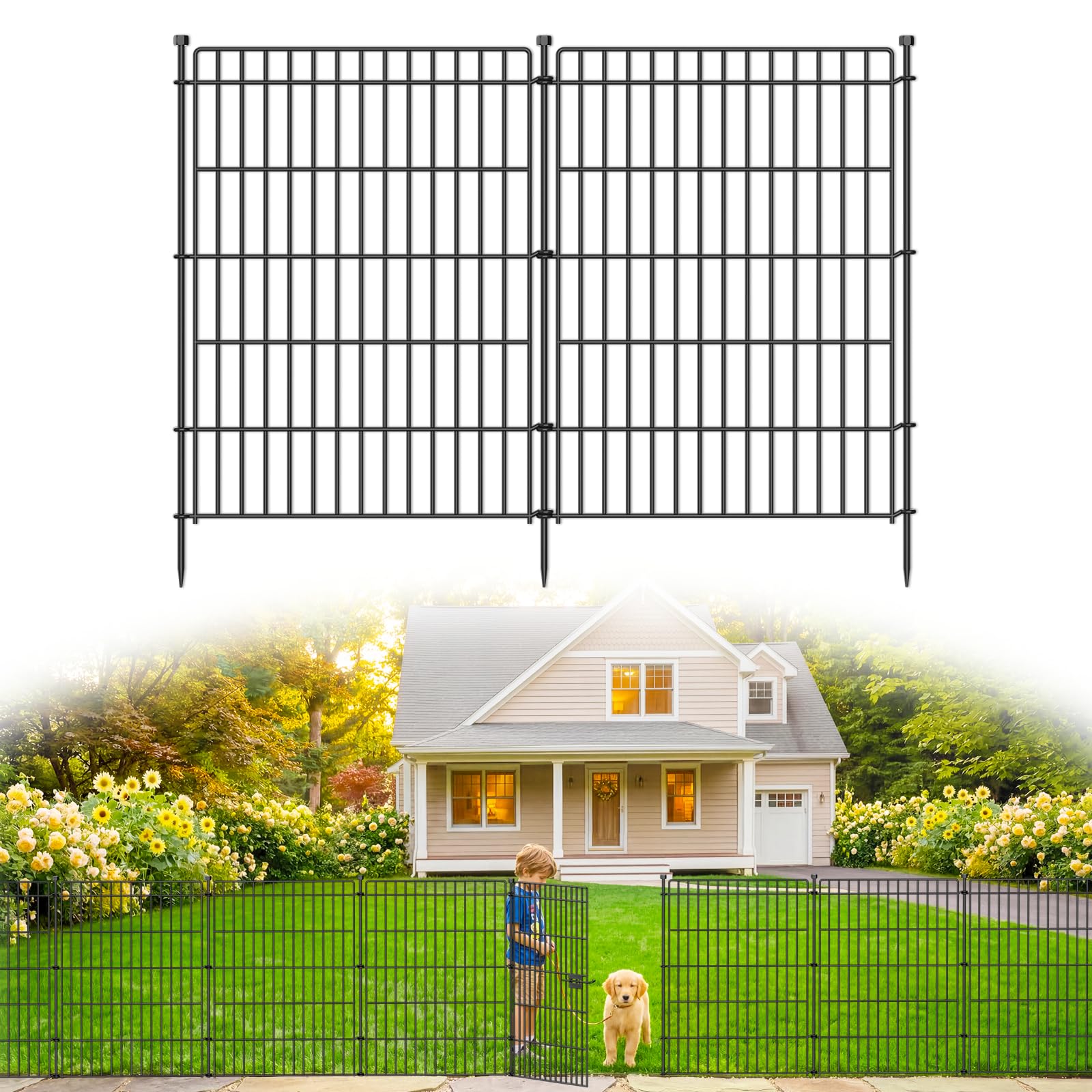 Photo 1 of 10 Panels No Dig Garden Fence with Gate, 34in(H) × 22.5ft(L) Decorative Metal Outdoor Dog Fence, Rustproof Pet Fencing for Yard, Patio, Flower Bed -Temporary Fencing| Easy to Install