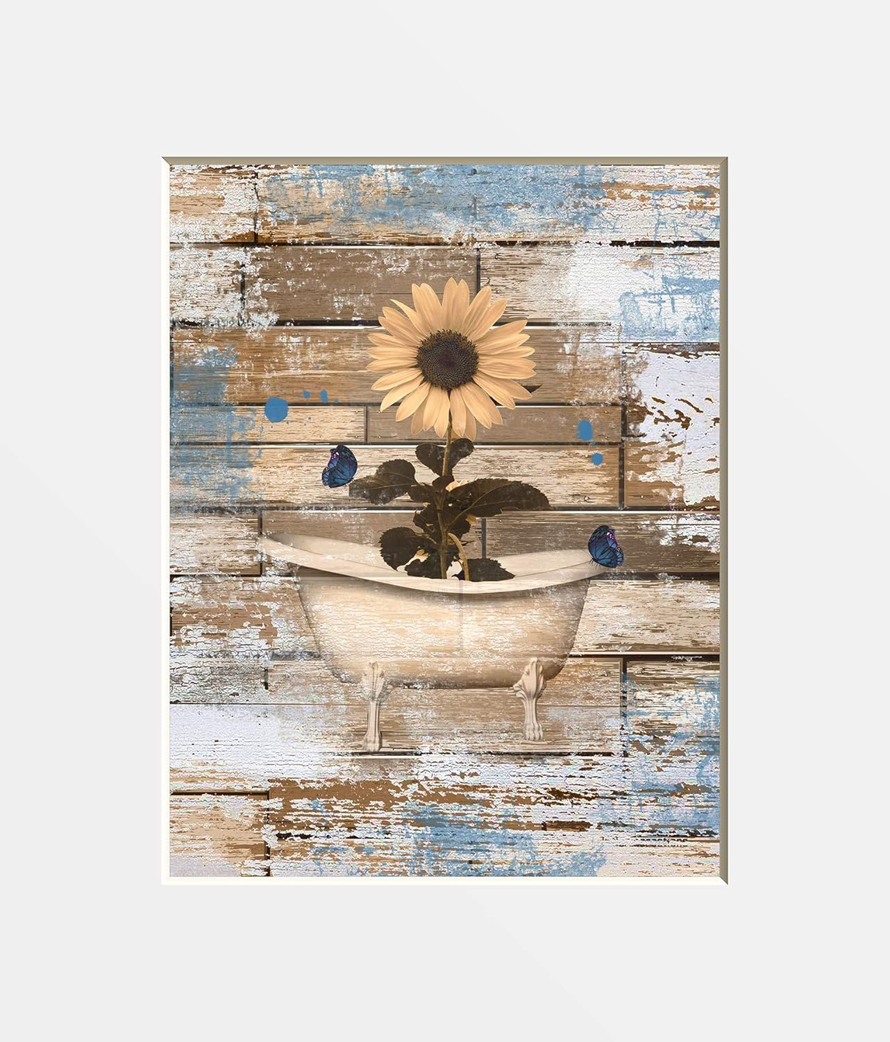 Photographs - Brown Blue Bathroom Home Decor Wall Art Rustic Daisy Butterflies in Tub Matted Wall Decor Picture (8x10 photo with 11x14 mat, Brown Blue Rustic Daisy Tub)