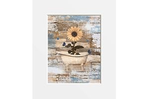 LITTLEPIECREATIONS Brown Blue Bathroom Home Decor Wall Art Rustic Daisy Butterflies in Tub Matted Wall Decor Picture (8x10 photo with 11x14 mat, Brown Blue Rustic Daisy Tub)