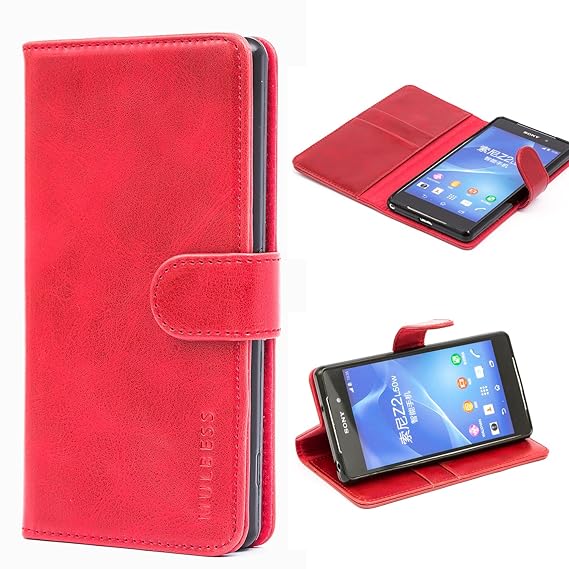 Mulbess Ledertasche im Ständer Book Case / Kartenfach für Sony Xperia Z2 Tasche Hülle Leder Etui,Wine Rot