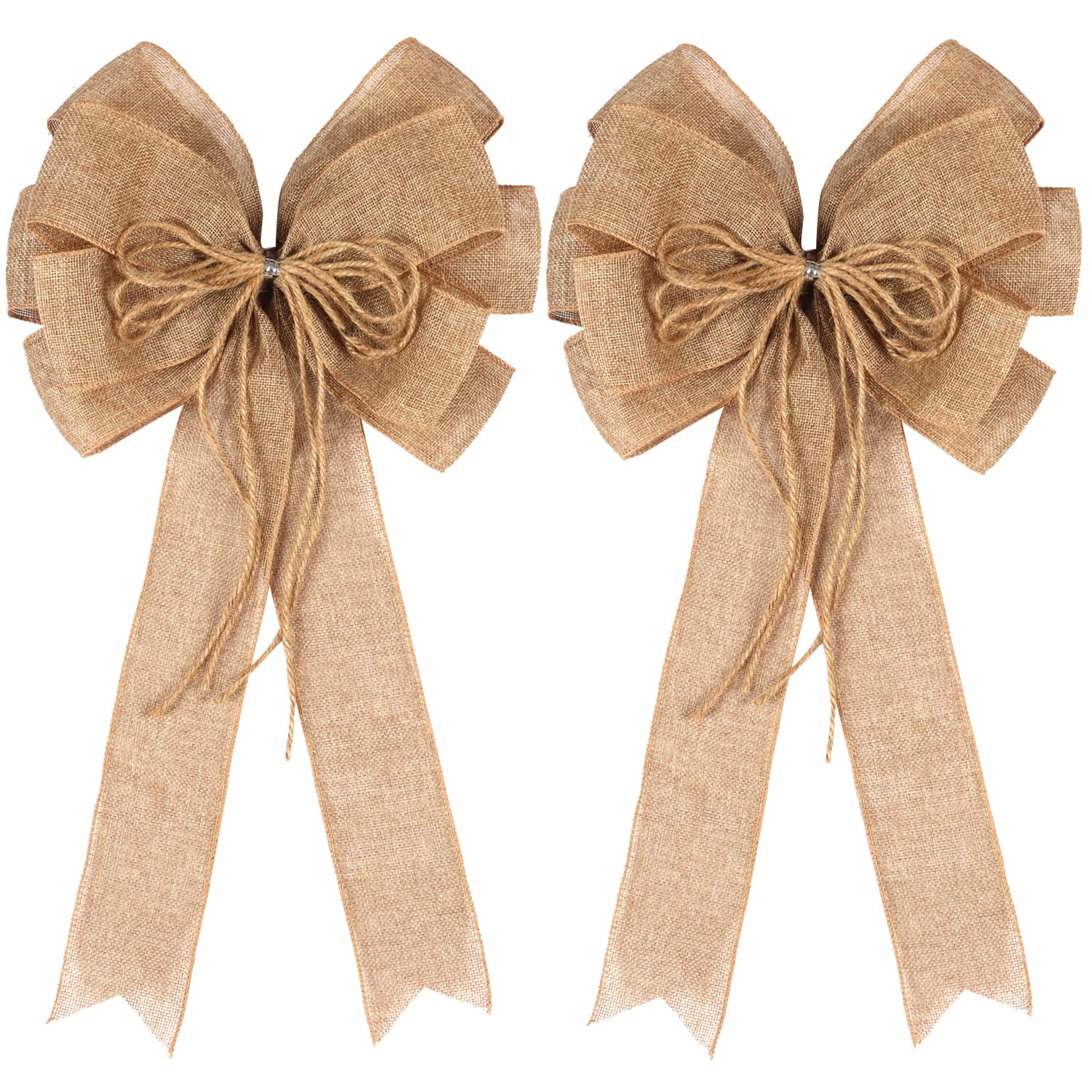 Photo 1 of 2 Pack Large Burlap Jute Hemp Rope Bows for Wreaths,Rustic Farmhouse Crafts Bow Wrapping Tree Topper Wedding Holiday Birthday Party Wall Home Boho Front Door Decorations
