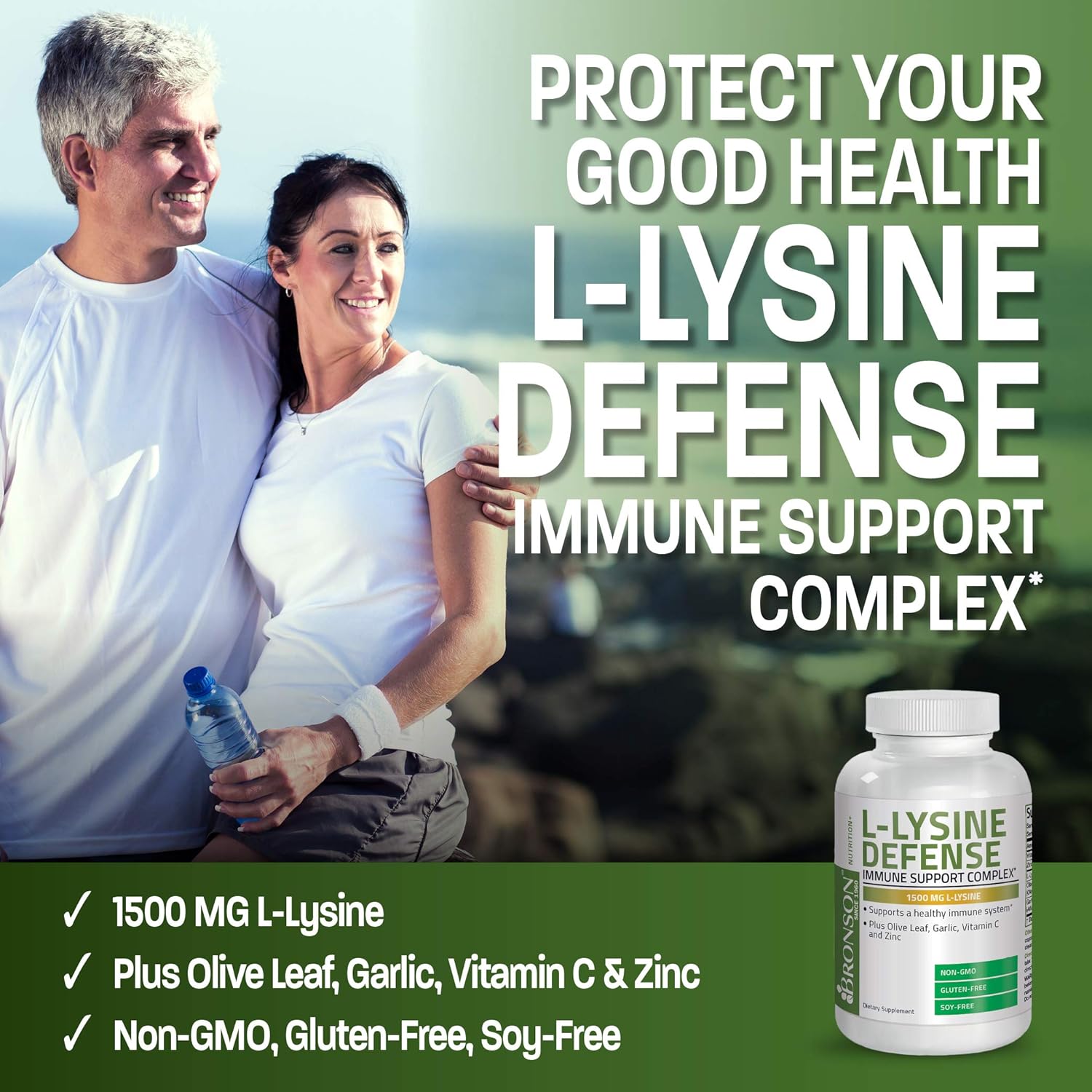 Bronson L-Lysine Defense Immune Support Complex 1500 MG L-Lysine Plus Olive Leaf, Garlic, Vitamin C and Zinc - Non-GMO, 90 Vegetarian Capsules: Health & Personal Care