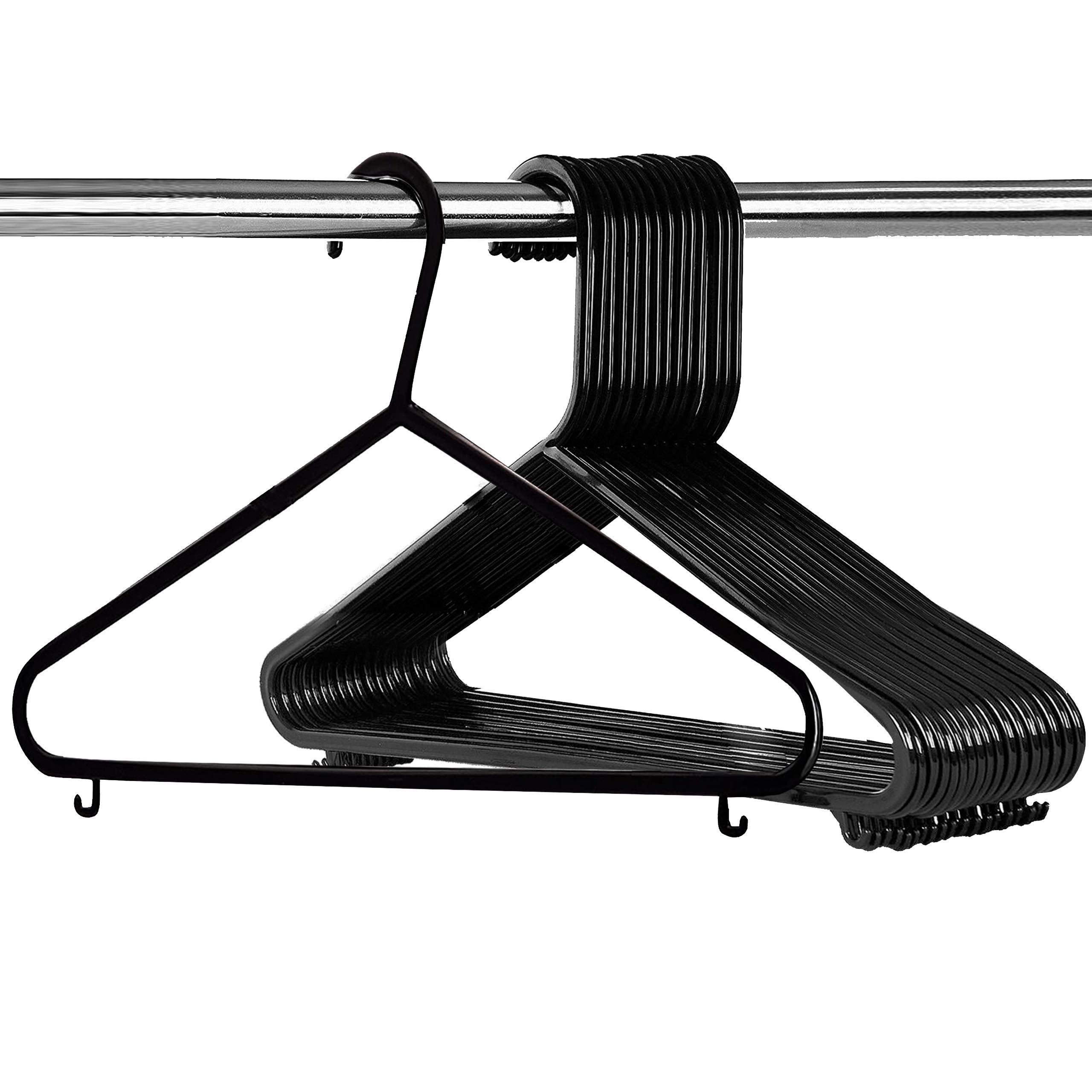 Nyxi 25 X Adult Plastic Clothes Hangers Pack with Suit Trouser Bar and Accessory Hooks, Slim Space Saving Wardrobe Hangers, 37.5cm Wide for Everyday Use, Black