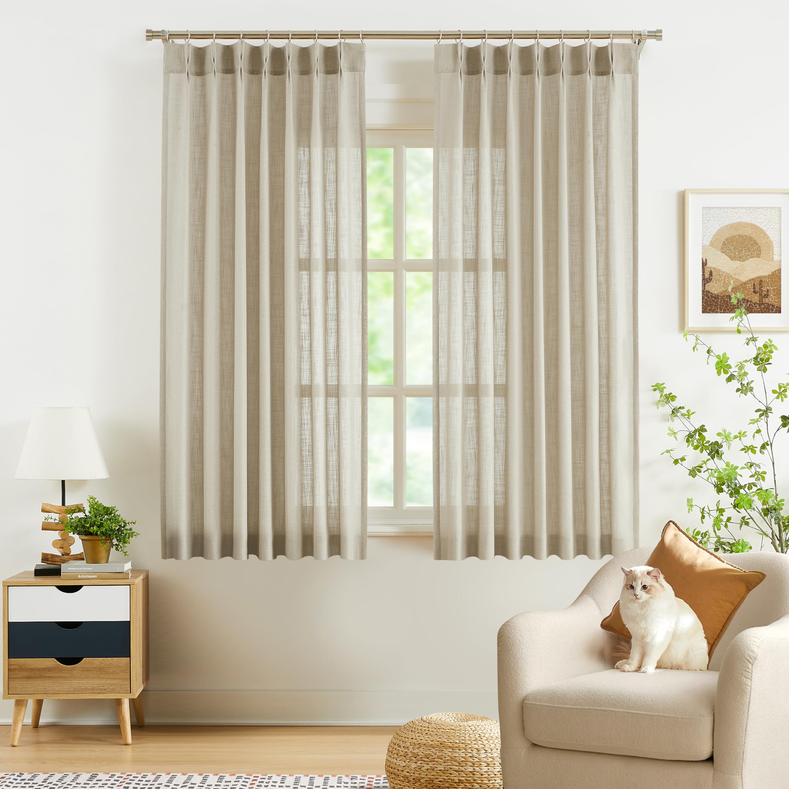 Photo 1 of WEST LAKE Short Bailey Oatmeal Tan Pinch Pleated Semi Sheer Curtain Panels for Bedroom Living Room,63 Inches Long Boho Light Filtering Drapes with Hooks,Rustic Textured Window Treatment,40" Wx63 Lx2