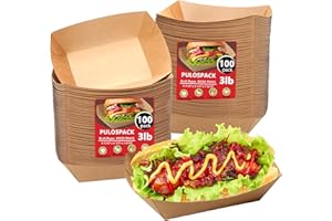 PULOSPACK 100 Pack 3lb Heavy Duty Paper Food Trays Kraft Leak Proof Paper Food Boats Disposable Nacho Tray Takeout Food Tray for Chips Hot Dogs Popcorn Snacks BBQ Party Picnic Wedding