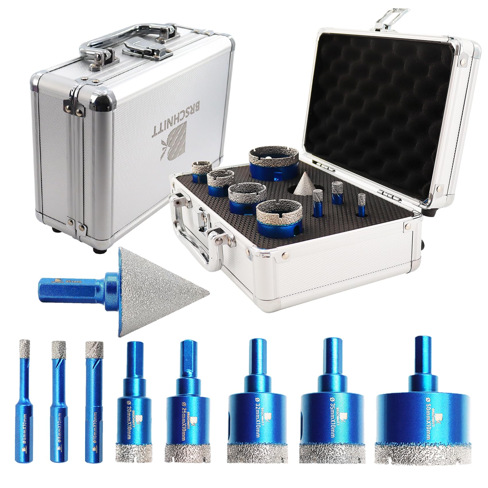 BRSCHNITT Diamond Core Drill Bit Set - Porcelain Tile to Granite Drilling, 9pcs Diamond Drill Bits with Triangle Shank, 6/8/10/20/25/32/35/50mm Bits & 35mm Chamfer Bit