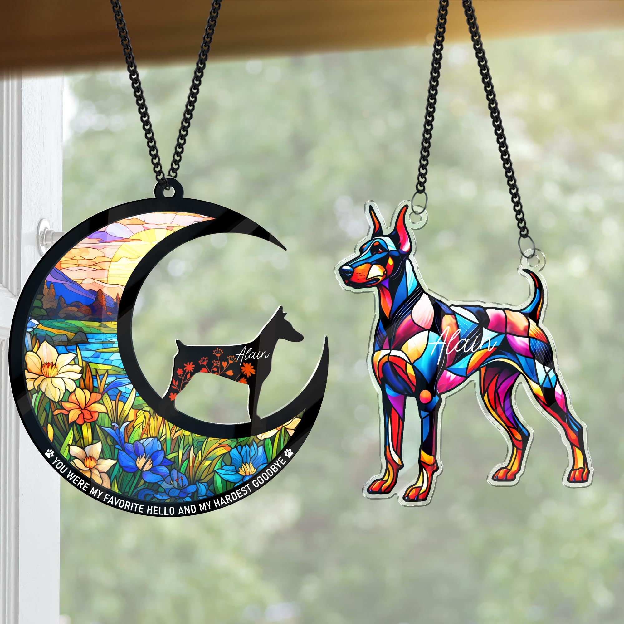 Photo 1 of 2 Pack 6" Doberman Pinscher Memorial Gift, Acrylic Dog Suncatcher for Window Hanging, Remembrance Gifts for Loss of Doberman, Pet Loss Gifts for Women, Dog Bereavement Garden Decor PS147-14
