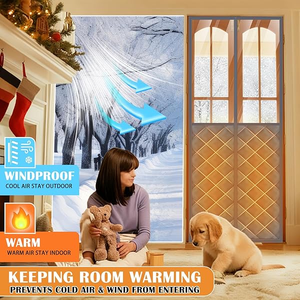FANFANWIN 2 SETS MAGNETIC THERMAL INSULATED CURTAINS FOR 30″ X 80″ DOORS WITH CLEAR WINDOW WINTER THICKEN QUILTED OXFORD COTTON WATERPROOF DOOR COVER FOR COLD WEATHER(GRID, TRANSPARENT GRAY)