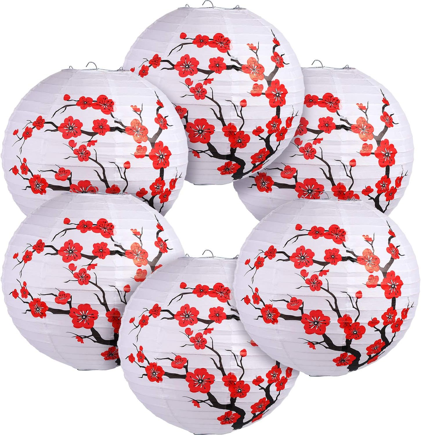 6 Pack Chinese Japanese Red Cherry Flowers Paper Lantern White Round Chinese Japanese Paper Lamp for Home Wedding Party Decoration, 11.8 x 11 Inch