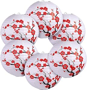 6 Pack Chinese Japanese Red Cherry Flowers Paper Lantern White Round Chinese Japanese Paper Lamp for Home Wedding Party Decoration, 11.8 x 11 Inch