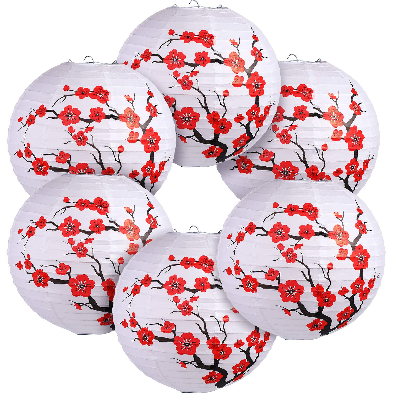 Blulu 6 Pack Chinese Japanese Paper Lantern Red Cherry Blossom Paper Lantern for Chinese Oriental Style Restaurant Home Wedding Party Decoration, 11.8 x 11 Inch
